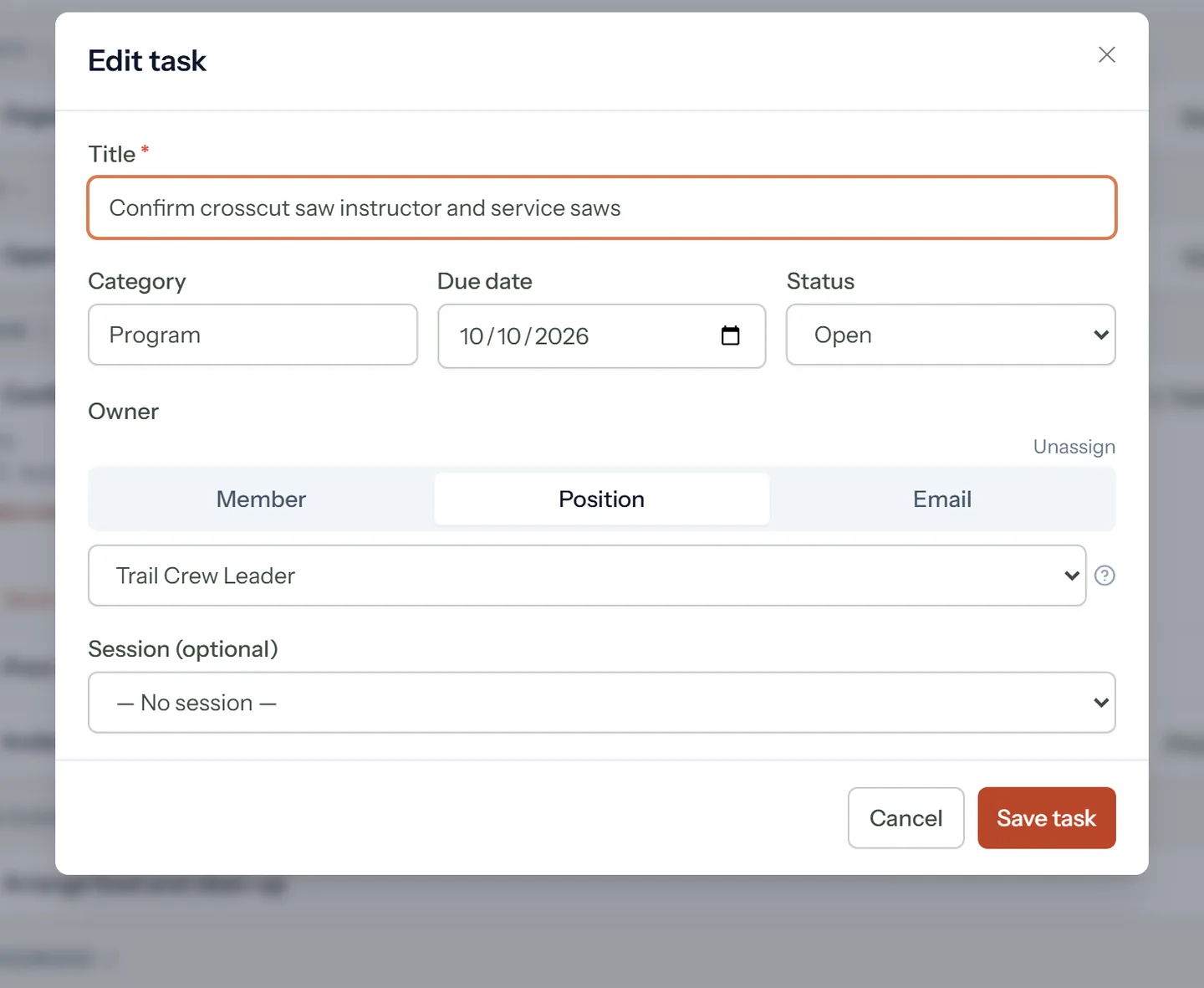 Editing a task: under Owner, a choice of Member, Position or Email — Position is selected and reads Trail Crew Leader, so the task points at whoever holds that position rather than at a person.